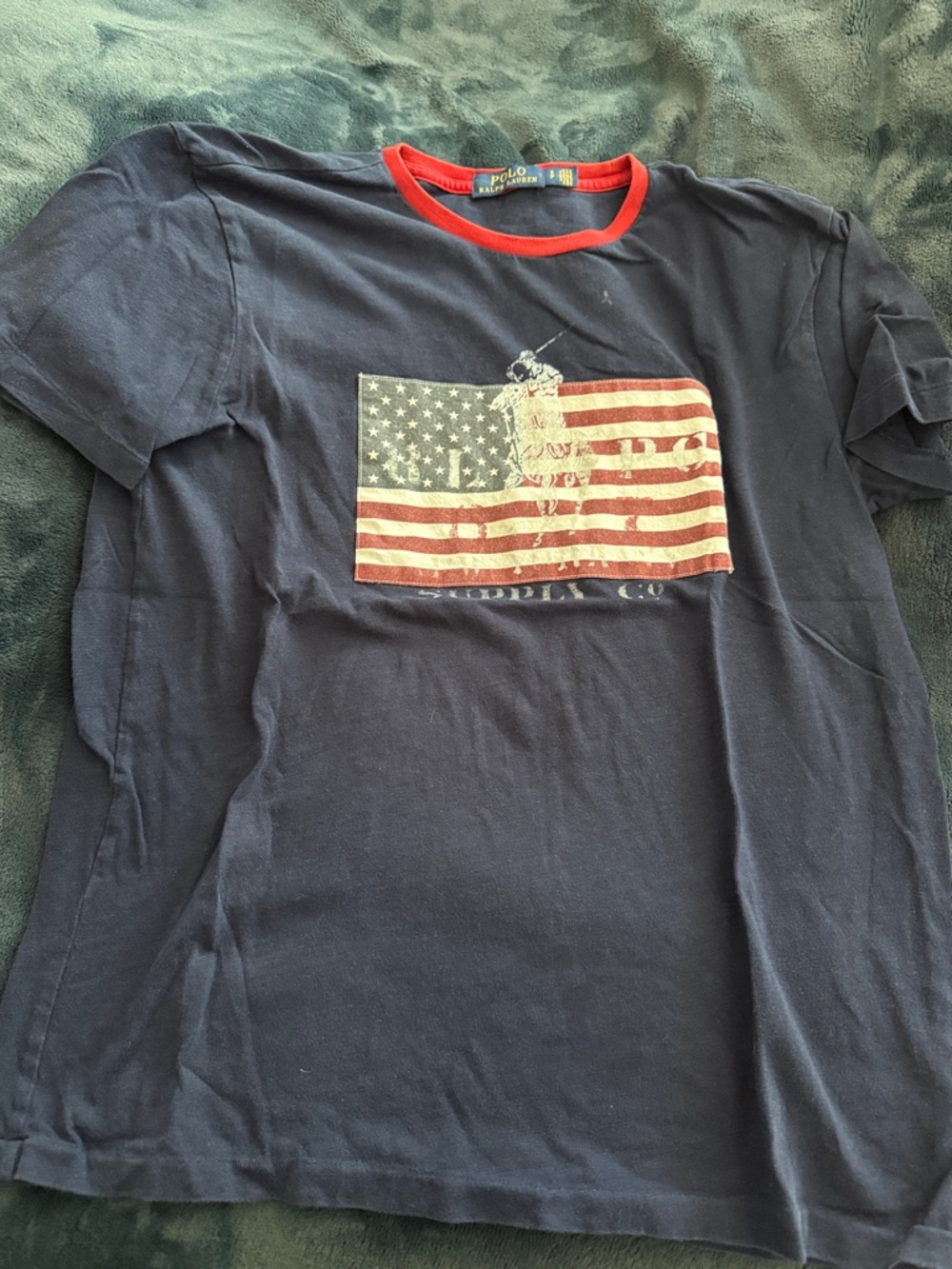 Polo by Ralph Lauren Navy Tee with Red Trim & Flag Graphic Mens Size Small